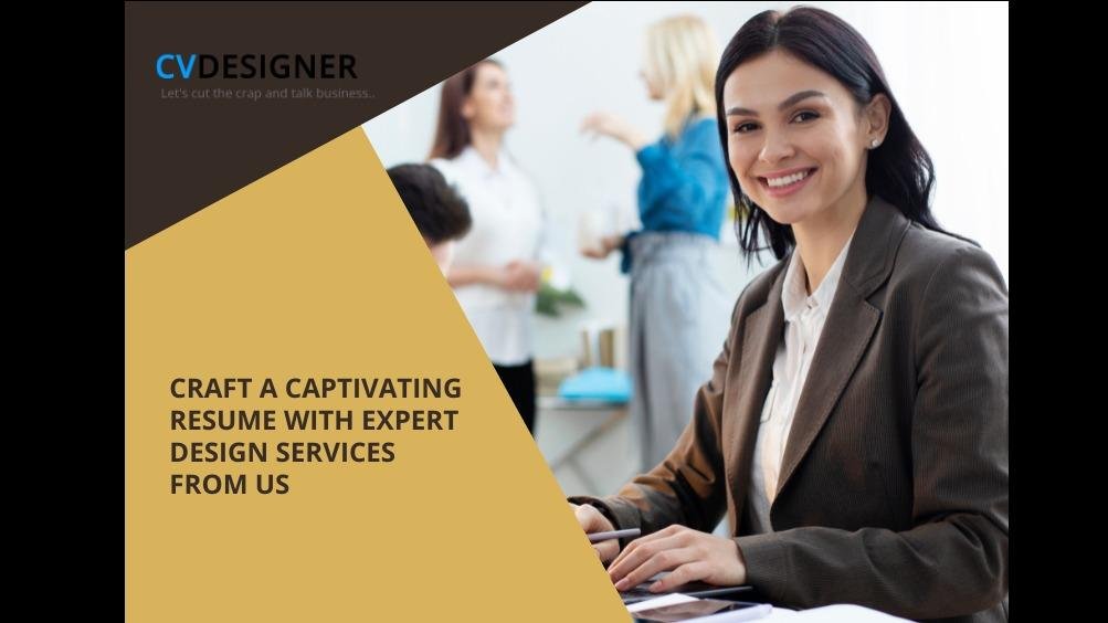 Ad for CV design services with text overlay and an office background.