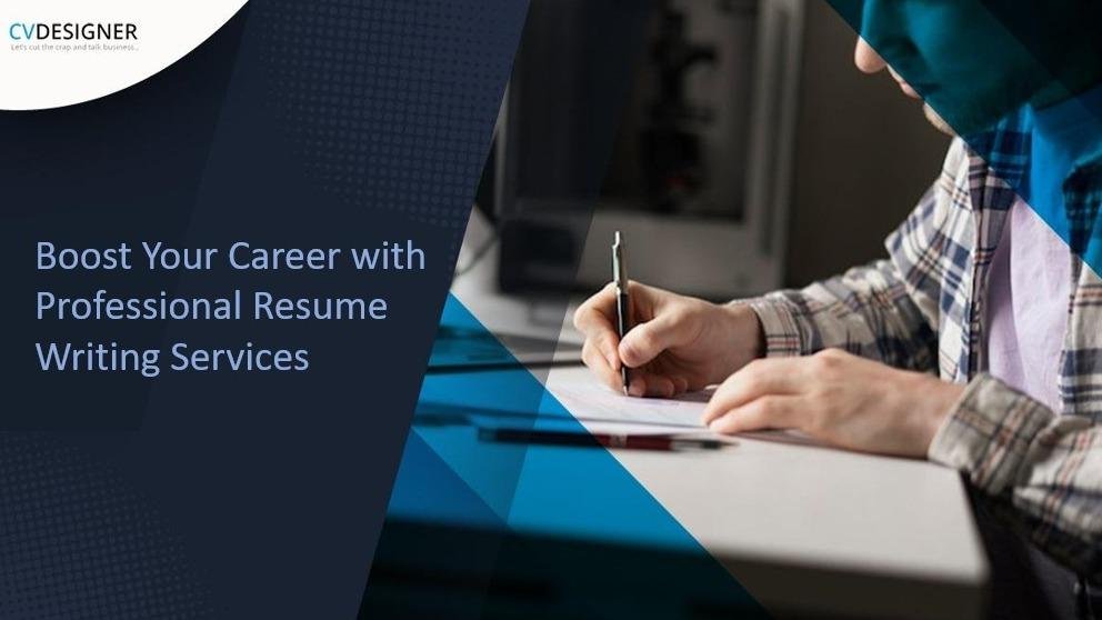 Person writing on paper with text: "Boost Your Career with Professional Resume Writing Services."