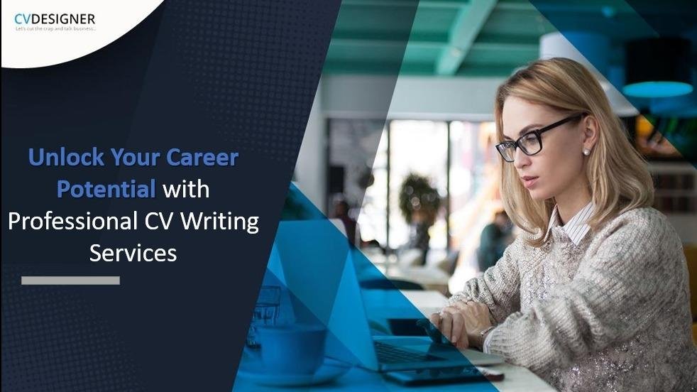 Ad: "Unlock career potential with professional CV writing services," woman using laptop.