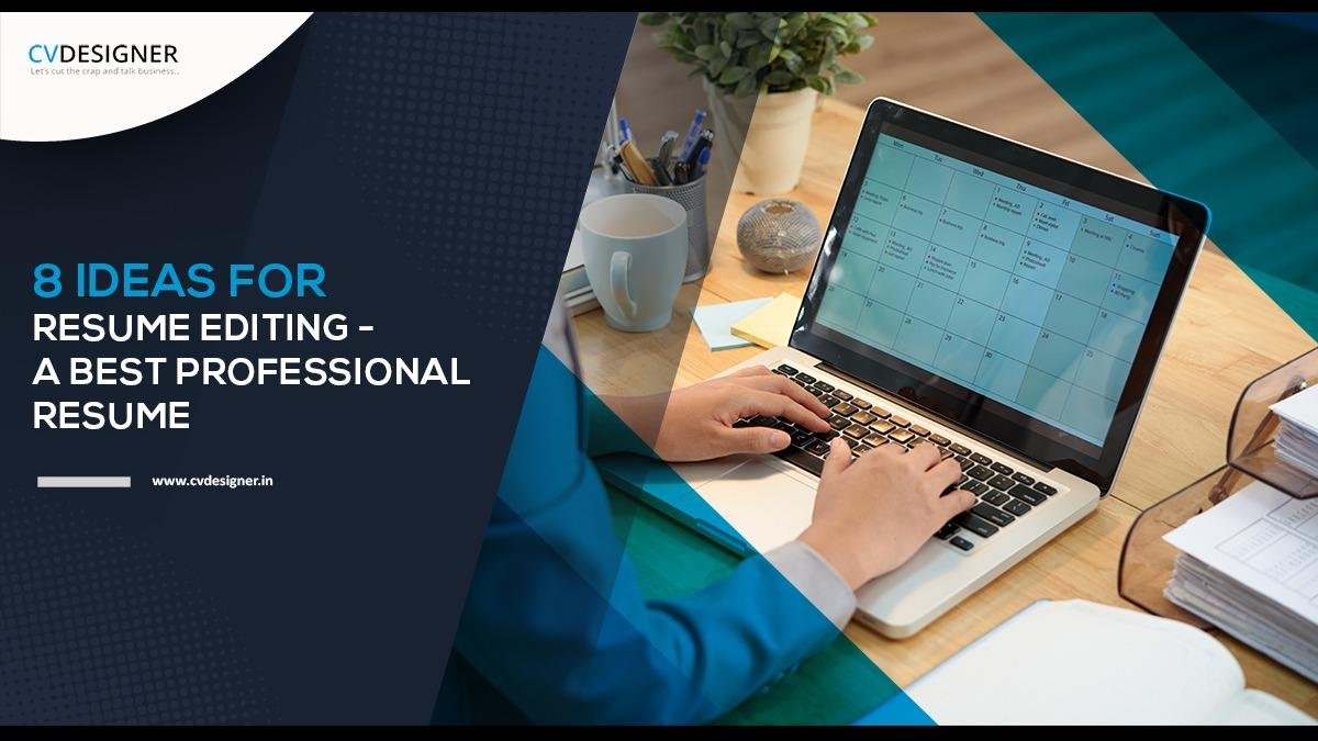 Person editing a resume on a laptop with a text overlay about resume ideas.