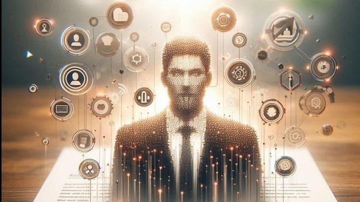 Person in suit with digital icons and data streams flowing from body against a bright background.